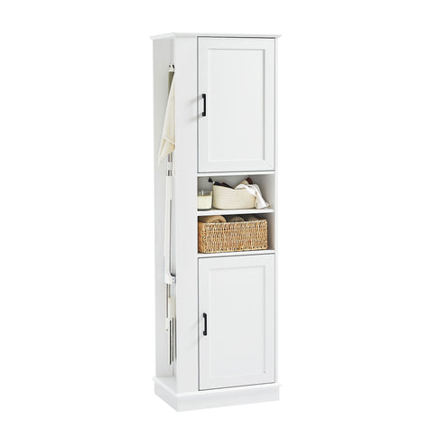 Tall Freestanding Bathroom Storage Cabinet With Adjustable Shelves And Side Hooks Board, Rectangle Design
