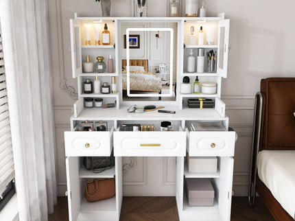 Large Vanity Table Set With Mirror, 6 Drawers & Shelves, Power Socket, Hair Dryer Holder, Cabinet Light, Dressing Desk - White