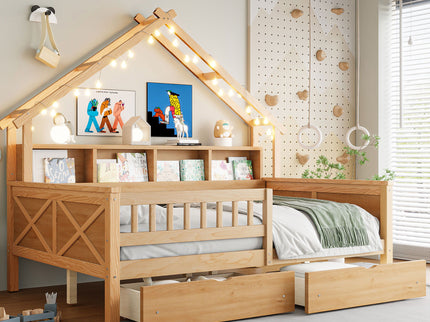 House Style Platform Bed With LED Lights, Storage Shelves, Drawers, And Guardrail