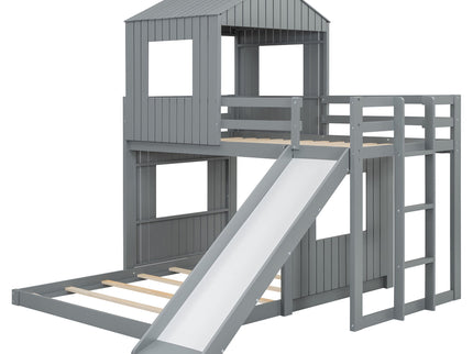 Loft Bunk Bed With Playhouse, Farmhouse, Ladder, Slide And Guardrails