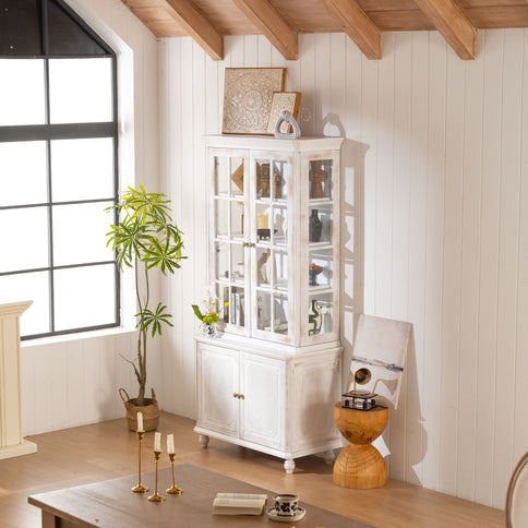 Vintage Display Cabinet With Double Glass Doors, Traditional Style Hutch For Home Or Workspace Washed - White Washed
