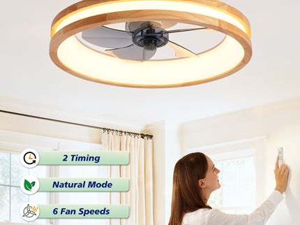 Ceiling Fans With LED Light Source And Remote Control, 3000 - 6500K Dimmable, 6 Speeds, Quiet DC Motor For Living Room - Natural Wood / White