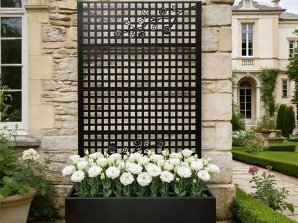 Planter Box With Trellis, Outdoor Raised Garden Bed With Privacy Screen Lattice Panels For Patio - Black