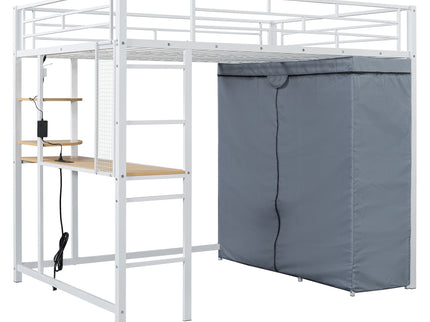 Loft Bed With Desk, Shelves, Power Outlet, LED Light And Wardrobe