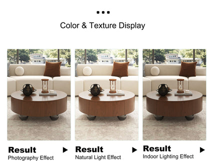 Drum Shaped Coffee Table With Hidden Storage Drawer, Low Profile For Living Room - Walnut
