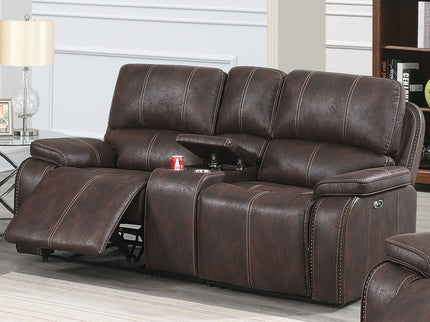 Power Reclining Loveseat With USB Port Leather Upholstered, Built In Cup Holder - Chocolate