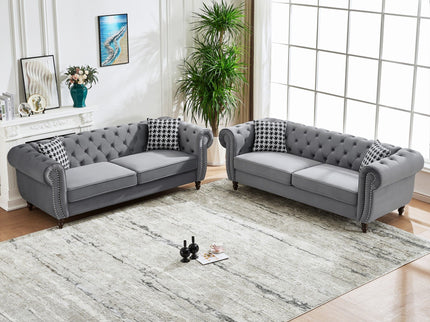 Chesterfield Upholstery Fabric Sofa With Roll Armrest & Nailhead, Mid Century Modern 3 And 3 Seater Couch