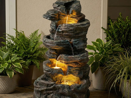 6 Tier Cascading Stone Water Fountain With LED Lights - Gray