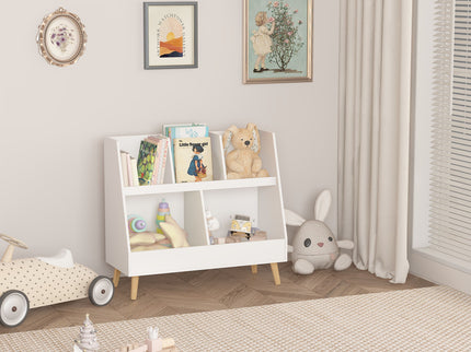 Kids Bookshelf And Toy Organizer, 5 Cubbies Wooden Open Bookcase, 2-Tier Baby Storage Display Organizer With Legs, Free Standing For Playing Room, Bedroom, Nursery, Classroom - White