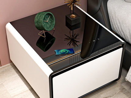 Modern Smart Side Table With Built-In Fridge, Wireless Charging, Temperature Control, Power Socket, USB Ports, Outlet Protection, Induction Light