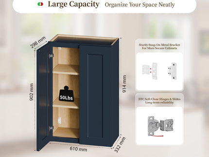 Shaker Wall Cabinet With Soft Close Hinges, Adjustable Shelves, Double Door