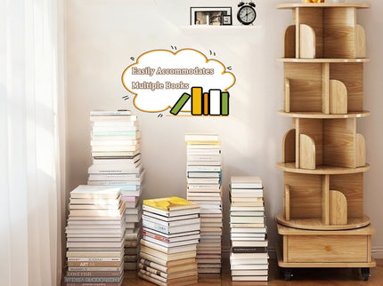 Rotating Bookshelf With Wheels And Drawer, 360° Spinning Design, Space Saving Storage