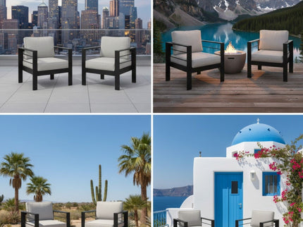 Modern All-Weather Patio Armchairs & Thick Cushions (Set of 2)