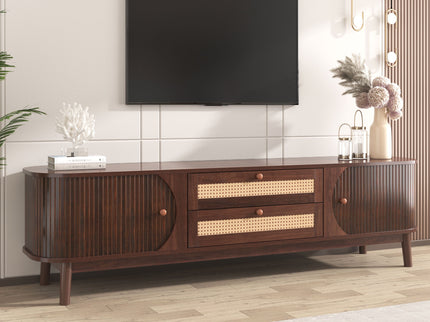 TV Stand For TVs Up To 75'', Cabinet With Drawers And Sliding Doors, Living Room Entertainment Console - Natural Wood / Brown