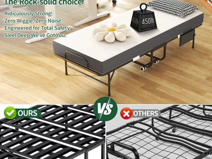 Twin Folding Bed With Memory Foam Mattress, On Wheels, Portable Bed For Adults & Guests - Black