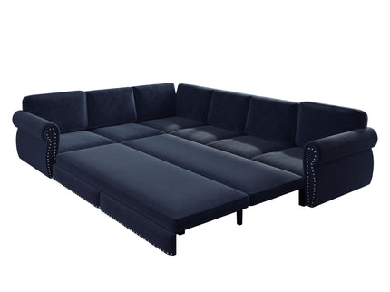 L-Shaped Sofa Couch With Pull Out Bed With Nailhead Trim & Rolled Arm