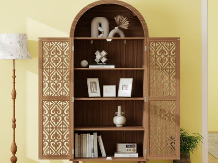 Tall Kitchen Pantry Cabinet With Hollow Carved Doors Adjustable Shelves Versatile Storage Cabinet For Kitchen - Walnut