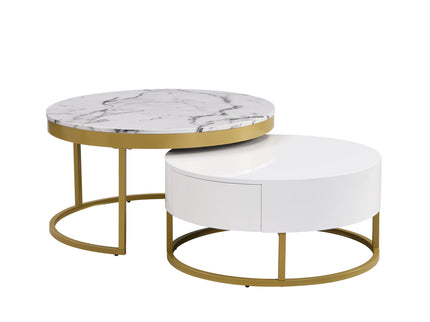 Round Nesting Coffee Table With Drawers - Golden / White