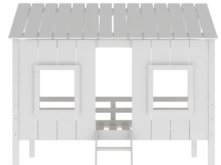 Twin Size Low Loft House Bed With Roof And 2 Front Windows - White