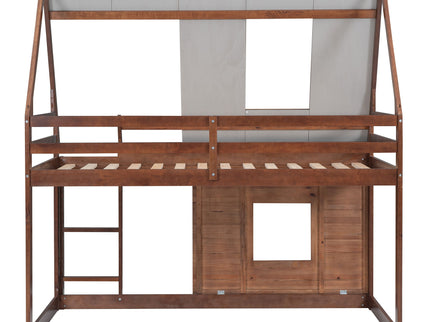 Wood Twin Size House Bunk Bed With Roof, Ladder And 2 Windows - Oak & Smoky Gray