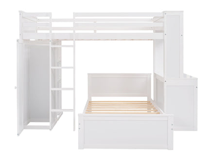 Loft Bed With A Stand Alone Bed, Shelves, Desk, And Wardrobe
