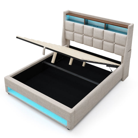 Platform Bed With Hydraulic Storage, LED Lighting & Charging Station