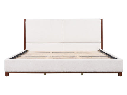 King Upholstered Bed Frame, No Box Spring Needed - Walnut / White
