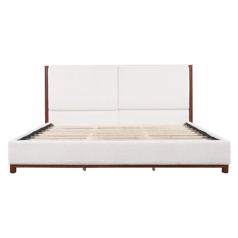 King Upholstered Bed Frame, No Box Spring Needed - Walnut / White