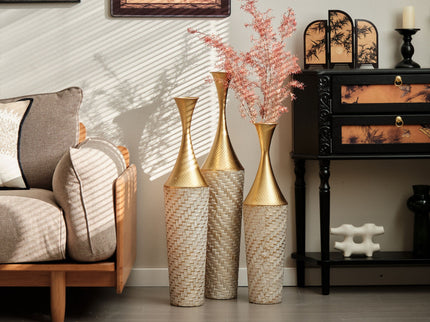 Floor Metal Vase Modern Style Decoration Home Woven Pattern Metal Vase 3 Piece Set Gorgeous Home Decoration Large Glazed Metal Vase - Champagne