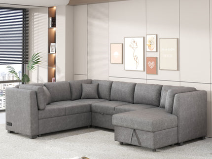 U-Shaped Sectional Sofa Pull Out Sofa Bed With Two USB Ports, Two Power Sockets, Three Back Pillows And A Storage Chaise For Living Room