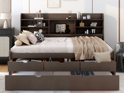 Captain Bed With Built In Bookshelves, 3 Storage Drawers, And Trundle