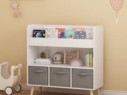 Bookshelf With 3 Bins, Storage Shelf For Toys And Books - White