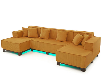 U-Shaped Sectional Sofa With RGB LED Light Strip And 6 Pillows