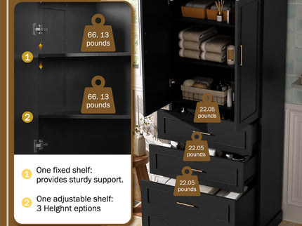 Freestanding Bathroom Cabinet With 3 Drawers, Adjustable Shelf, Soft Close Doors