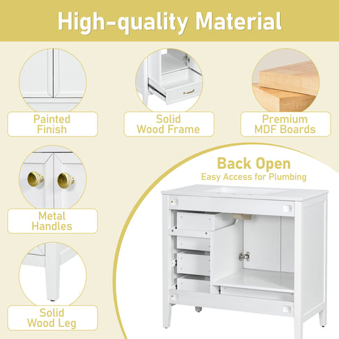 Elegant Vintage Bathroom Vanity & Sink And Soft Closing Door, 4 Drawers Of Different Sizes Frame