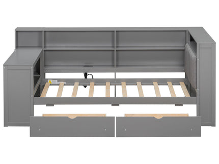 Platform Bed With Upholstered Headboard, Storage Shelves, Drawers, Charging Station, LED Lighting, Built In Desk
