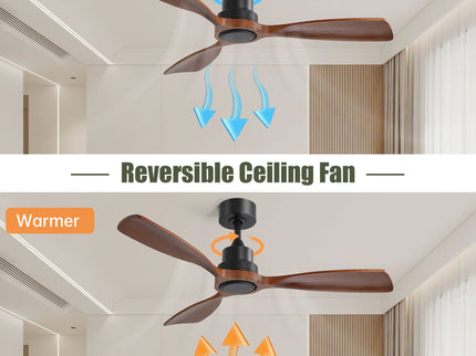 48" Ceiling Fan Without Light, 3 Solid Wood Blades Outdoor Ceiling Fan 6 - Speed Reversible DC Motor For Living Room - Black