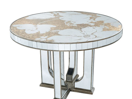 Round Dining Table With Elegant Floral Design And Mirrored - Silver Multi