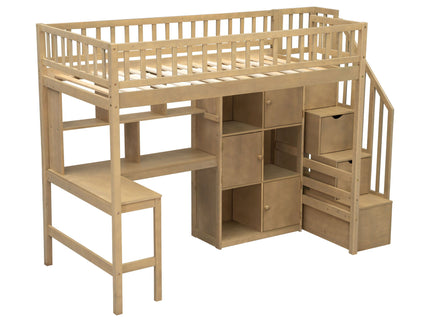 Loft Bed With Built In L Shaped Desk, LED Lights, Storage Shelves, Cabinets, And Staircase