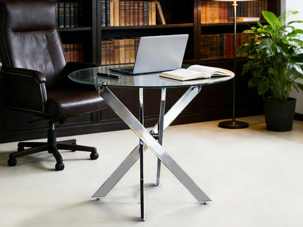 Dining Table With Cross Metal Leg And Tempered Glass, Modern Space Saving Kitchen Table For Living Room