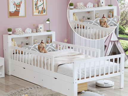 Bed With Headboard Storage Rack, 2 Under Bed Drawers, 3 Side Guardrails For Safety