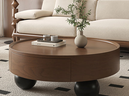 Round Coffee Table With Storage Drawer And Ball Feet - Walnut / Black
