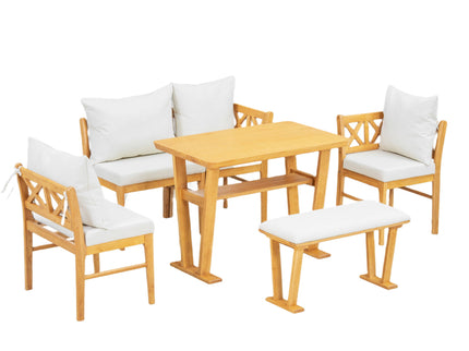 Farmhouse Solid Wood Dining Nook Set For 6, Space Saving High Top Corner Table With Bench & Chairs - Natural / White