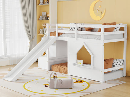 Loft Bed With Storage Stairs, Slide, Playhouse Window And 7 Colors LED Lights