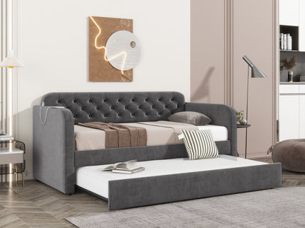 Upholstered Daybed With Trundle And USB Charging Design