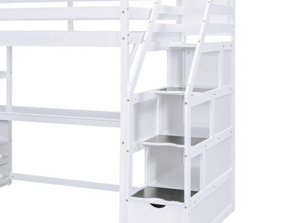 Loft Bed With Desk, Shelves, 2 Drawers, Storage Staircase