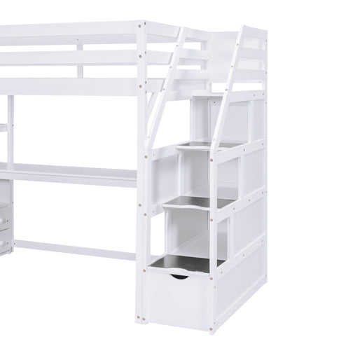 Loft Bed With Desk, Shelves, 2 Drawers, Storage Staircase