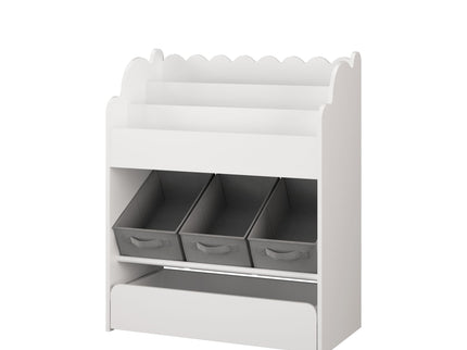Bookshelf With Storage Bins And Drawer, Multi Functional Book Organizer For Toddlers - White