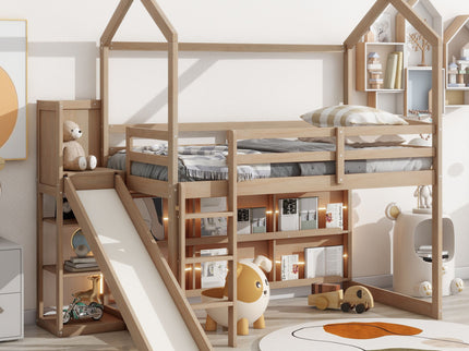 House Loft Bed With Slide, Storage Shelves And Light, Climbing Ramp