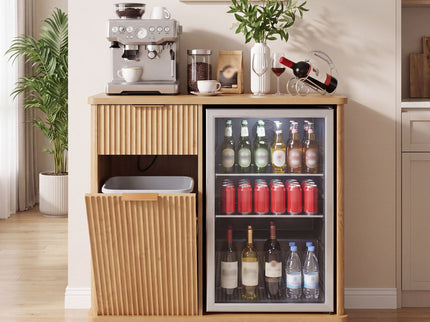 Fluted Coffee Bar Cabinet With Mini Fridge Space & Charging Station - Natural